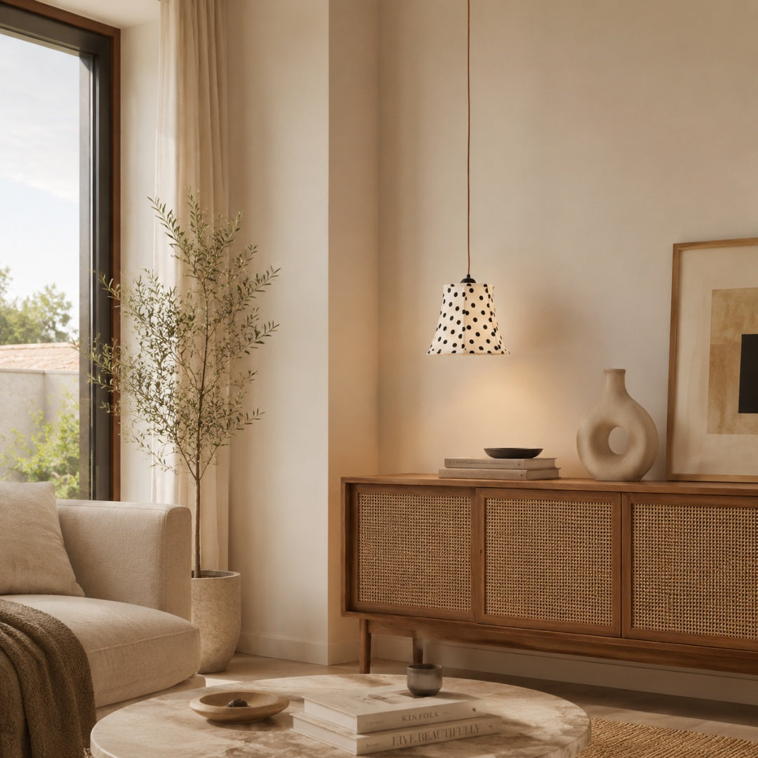 Black and White Polka Dot Wood and Fabric Pendant Lamp