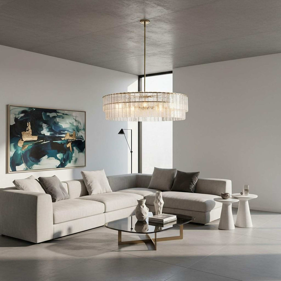 Lustre en verre texturé Lumvey - Lustre rond à deux niveaux de luxe fait main pour salon