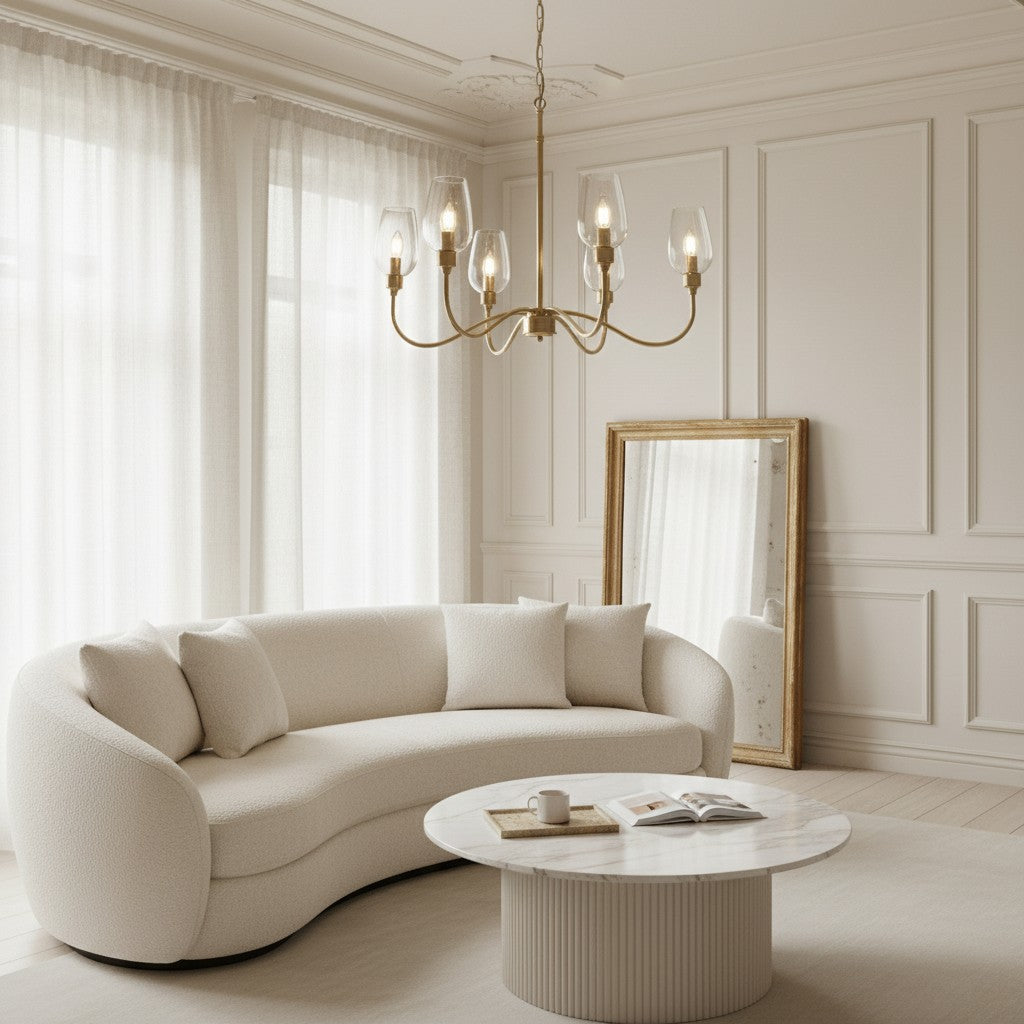 Clarione Art Deco 6-licht lineaire kroonluchter met mondgeblazen glazen kapjes voor keuken