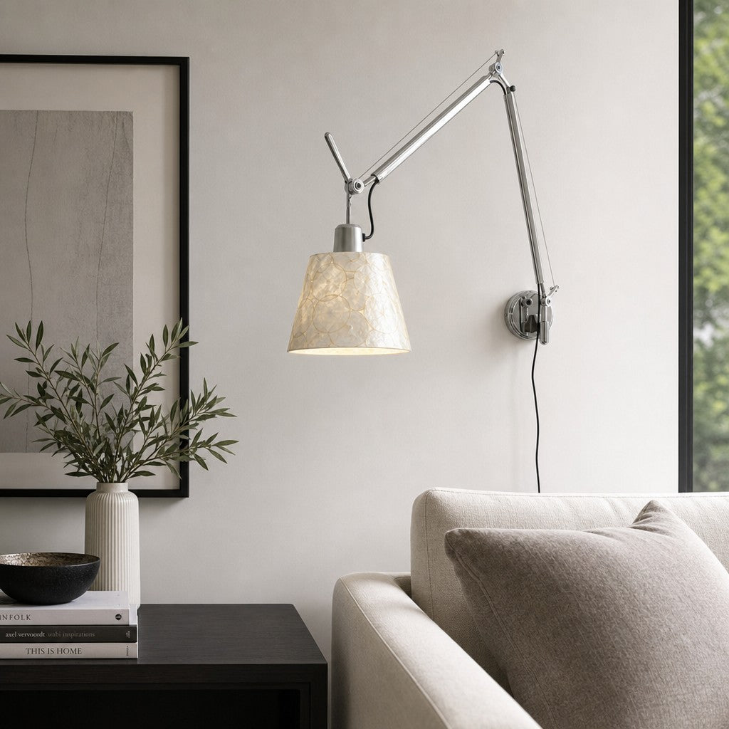 Lunavera Modern Capiz Shell or Fabric Shade Adjustable Arm Wall Lamp for Bedroom