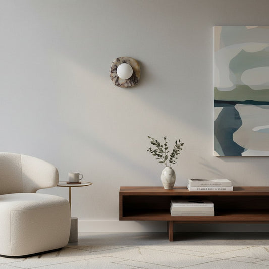 Oria Modern Square or Round Jade Wall Lamp with Alabaster Shade for Bedroom or Bathroom Vanity