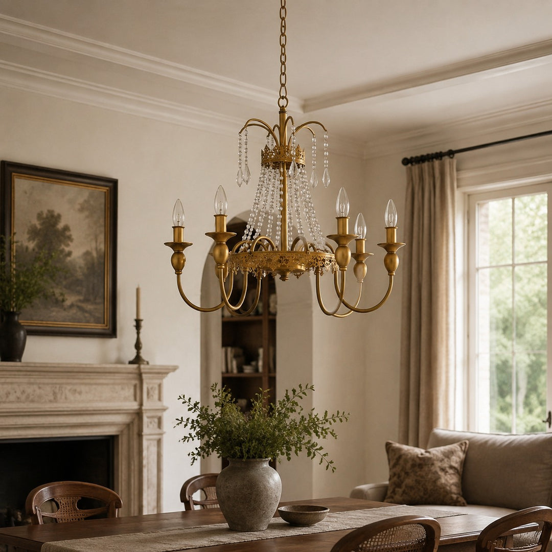 French Six-Light Candle Chandelier with Crystal Draping