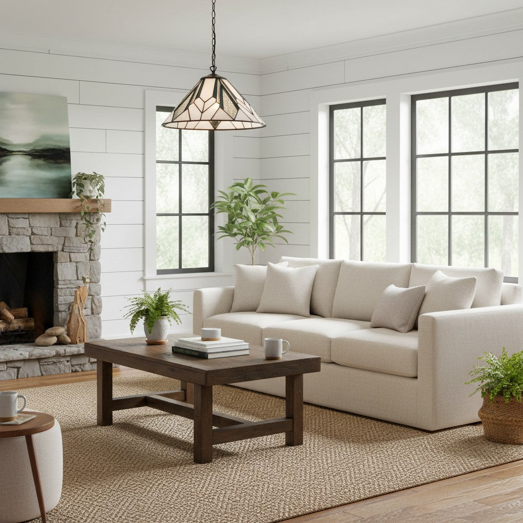 TF Astoria Tiffany Plafondhanglamp – Geometrisch Glasontwerp met Inkepingen voor Woonkamer