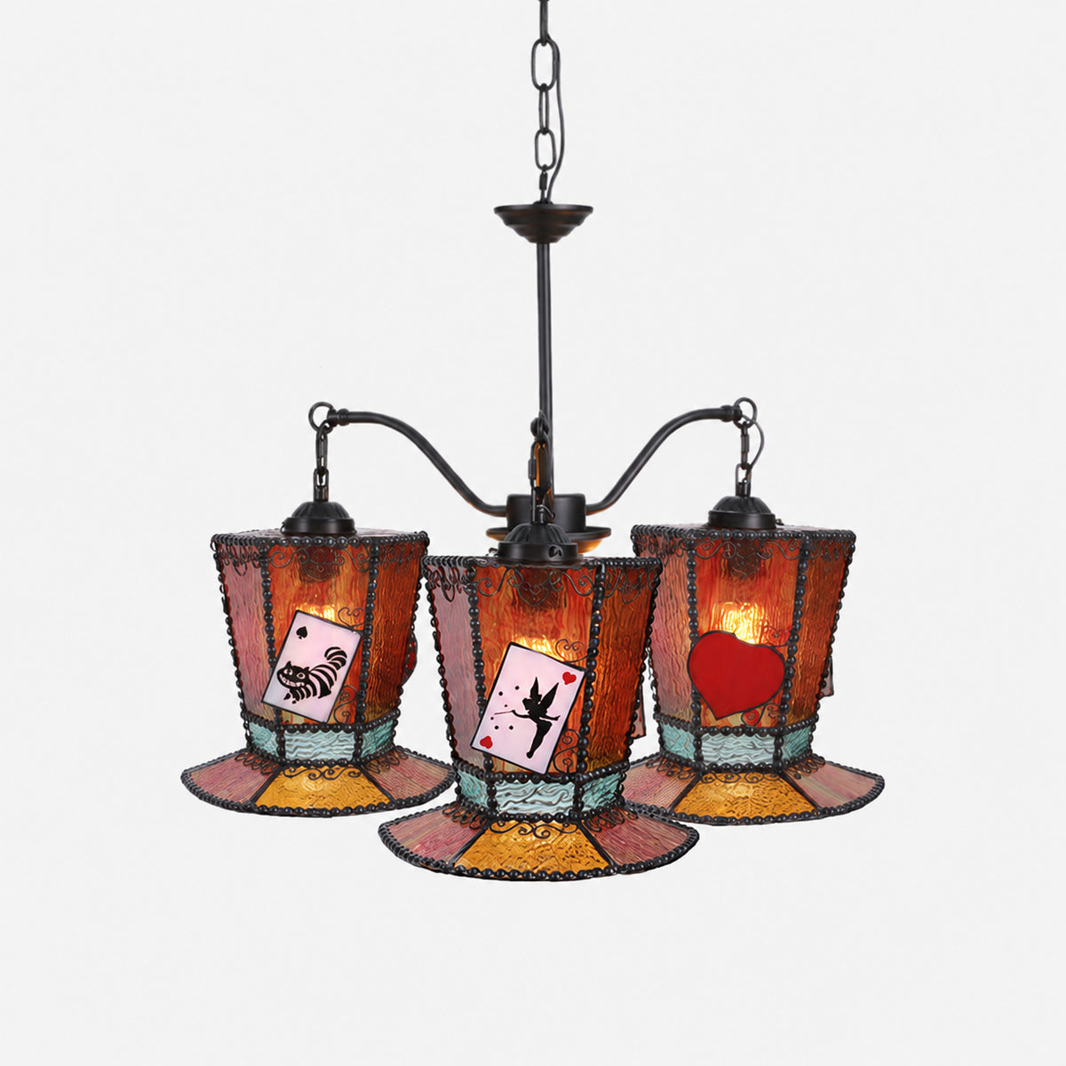Alice-Inspired Stained Glass 3-Light Chandelier