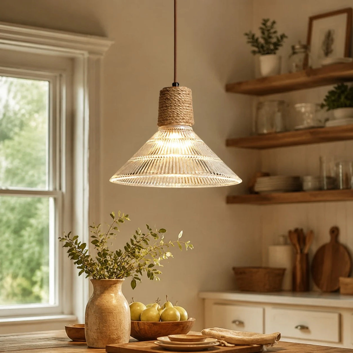 Rustic Woven Rope Glass Pendant Light Collection