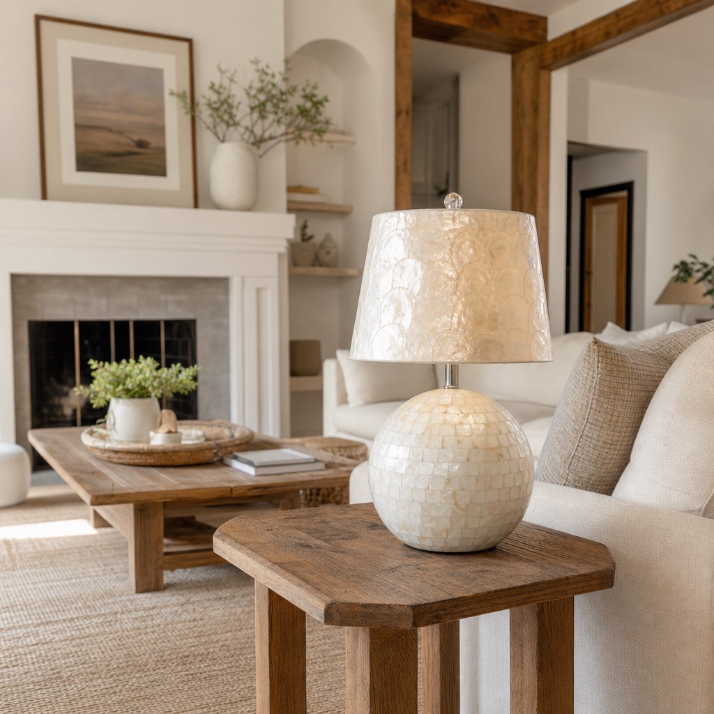 Beamira Natural Shell Mica Table Lamp – Handmade Crafted for Bedroom or Living Room