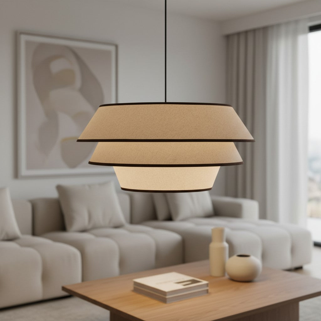 Lampada a sospensione Tarivon con struttura in acciaio e paralume in tessuto – Lampada moderna da soffitto per sale da pranzo