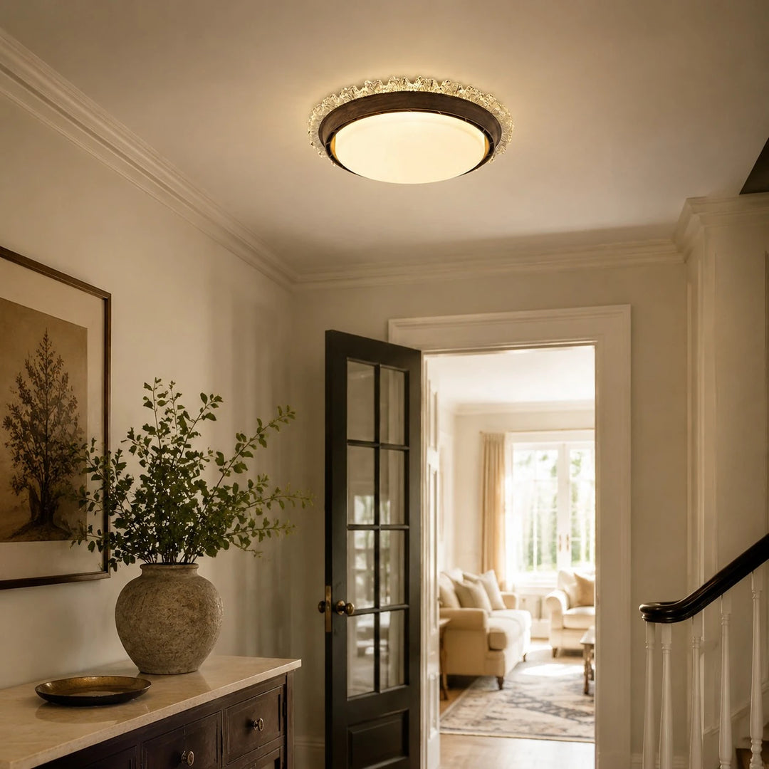 Flush mount ceiling fan light installed in a hallway