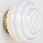 Cargar imagen en el visor de la Galería, Glossy white ribbed glass shade and round metal wall plate detail