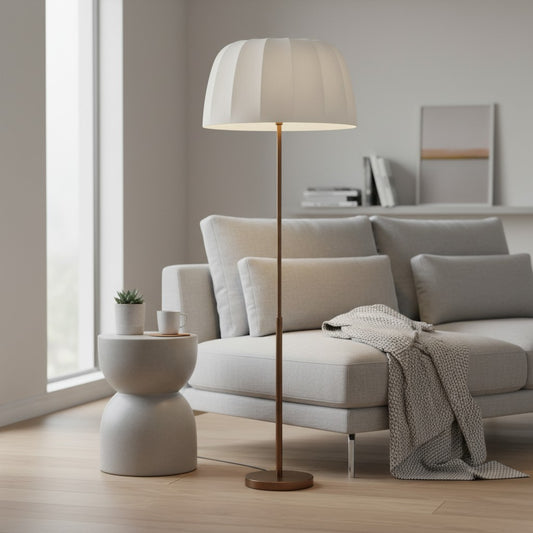 Lámpara de Pie de Latón Vellaro con Pantalla de Tela – Luz Moderna de Pie para Sala o Dormitorio
