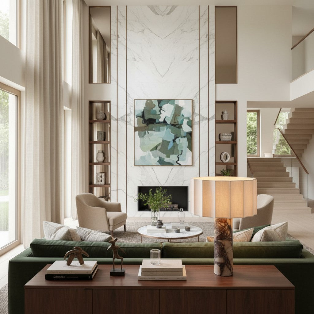 Cavilon Tafellamp met Waaier-vormige Linnen Kap - Steenafwerkingen Geschikt voor Woonkamers