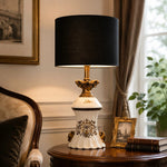 Afbeelding laden in galerijweergave, Gold motif table lamp styled beside an upholstered chair