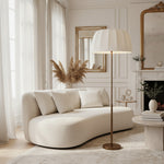 Załaduj obraz do przeglądarki galerii, Vellaro mosiężna lampa podłogowa z abażurem z tkaniny – nowoczesne oświetlenie stojące do salonu lub sypialni