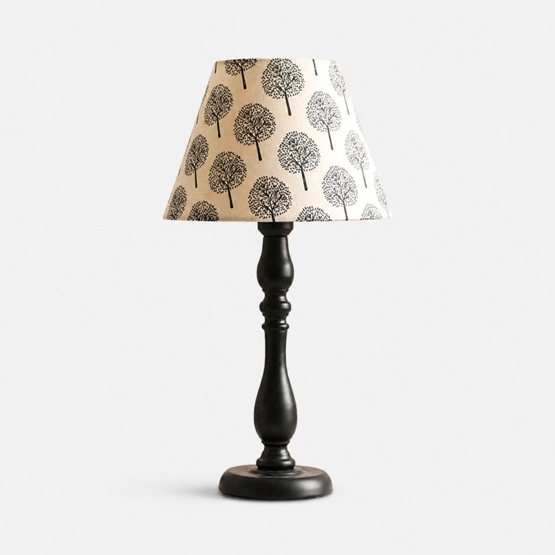 Vintage black iron table lamp with beige birch fabric shade
