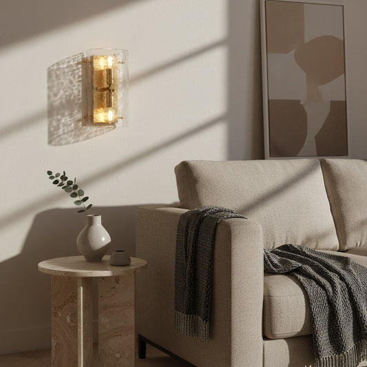 Aplique de pared Panellux moderno - Panel de vidrio texturizado orgánico con acabado vintage en latón para pasillos