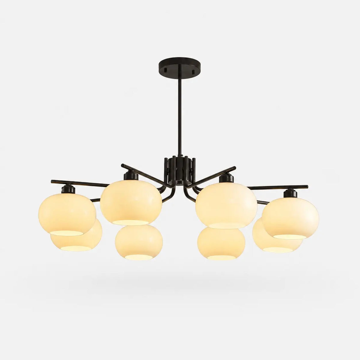 Solid brass black eight-light milk glass chandelier