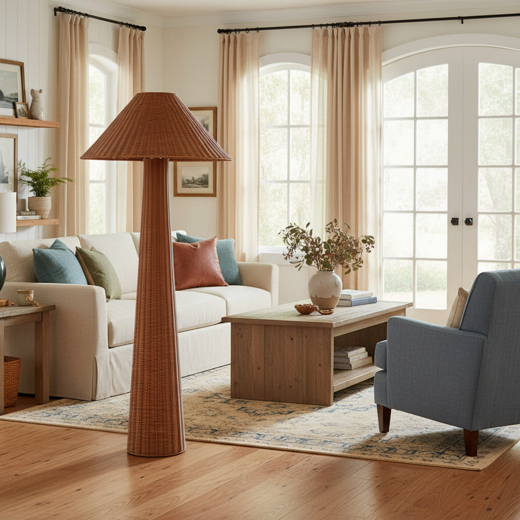 Wickara Geweven Vloerlamp - Sculpturaal rotan ontwerp met natuurlijke rotanstijl, geschikt voor woonkamer en slaapkamer