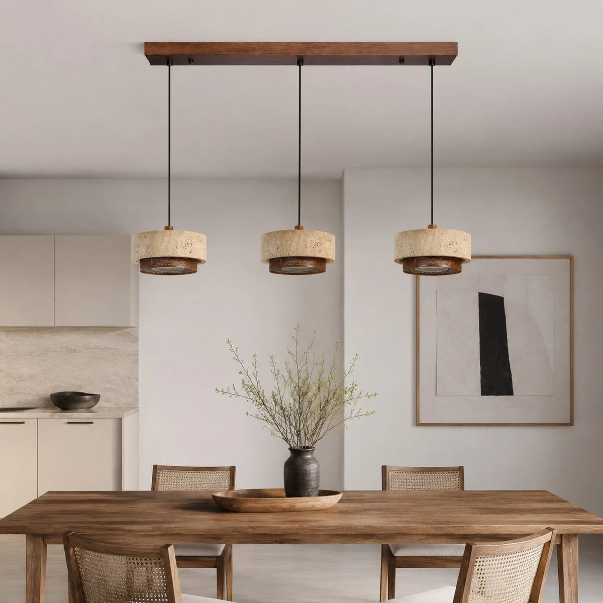 three head travertine pendant light over a dining table