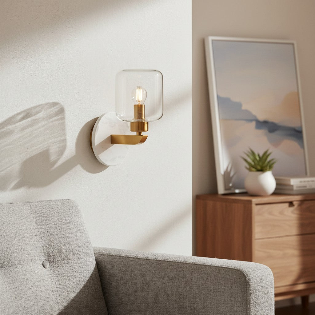 Lámpara de Pared Moderna de Mármol Korlisse - Latón Vintage y Acento de Vidrio Transparente para Sala de Estar y Pasillo