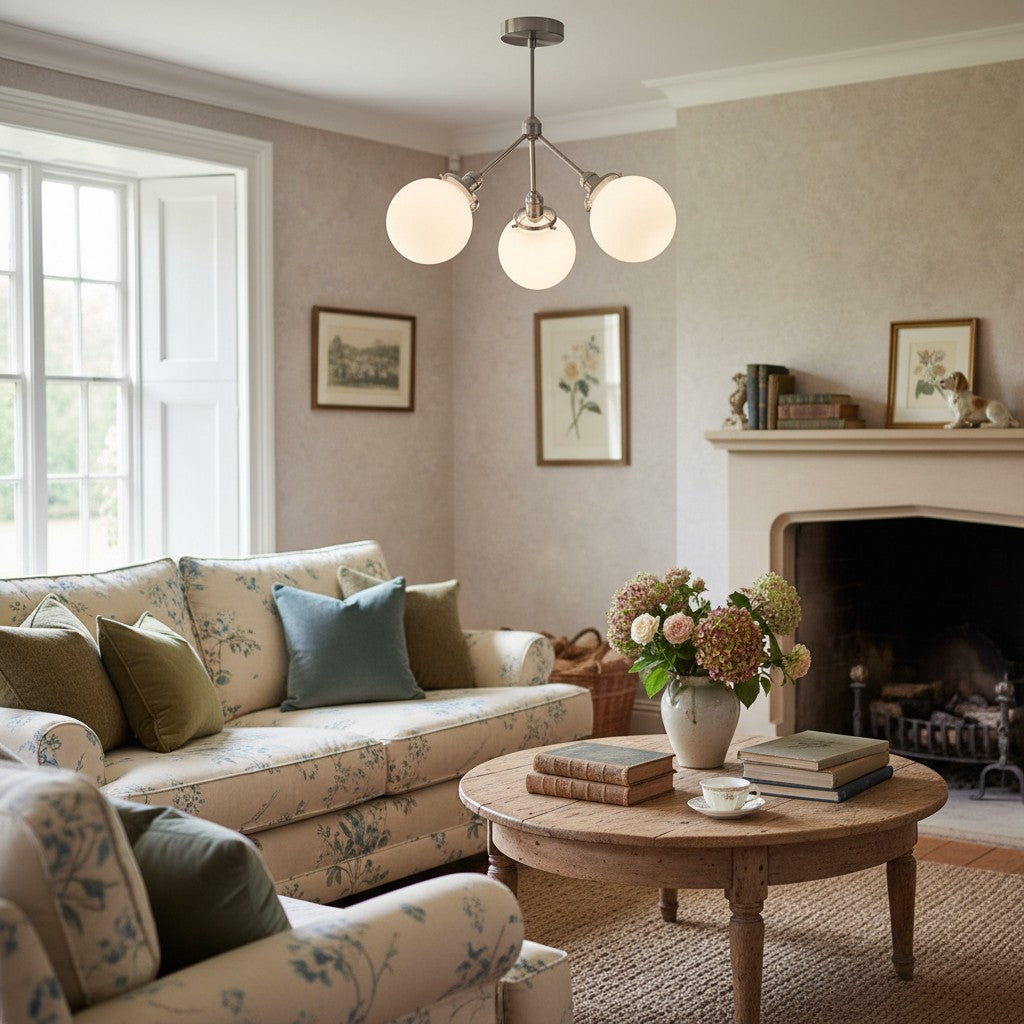 Glorica Glass Chandelier - Brass Globe Ceiling Light with Opal Shade