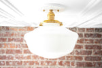 Load image into Gallery viewer, Geotower Glass Brass Ceiling Light - Opal Glass Schoolhouse Shade - Modern Elegance
