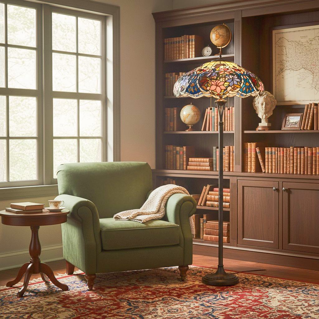 TF Sullivan Tiffany Vloerlamp - Bloemmotief Gebrandschilderd Glas Ontwerp voor Studie of Woonkamer