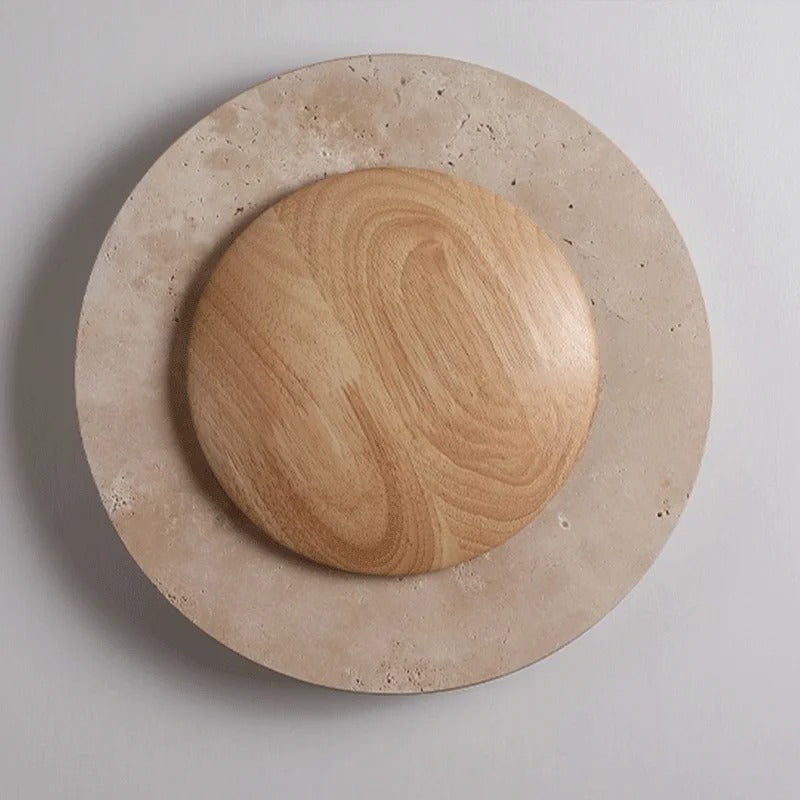 Applique murale ronde en bois et travertin