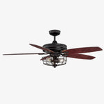 Carica l'immagine nella visualizzazione Galleria, Black vintage caged ceiling fan light with wood blades, 107 cm / 42″