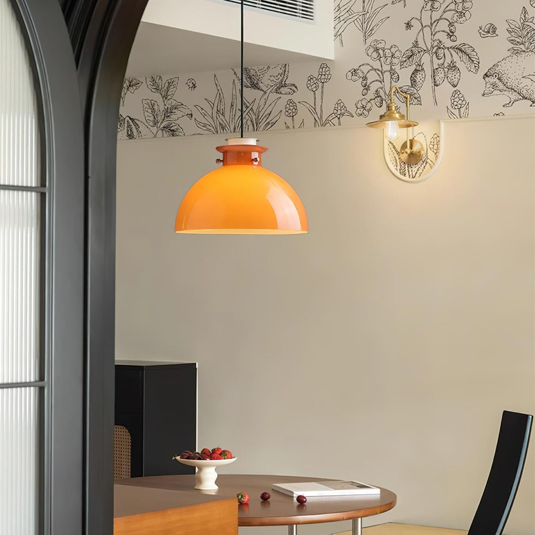 Glebe Glossy Glass Dome Pendant Lamp – Industrial Orange Hanging Light for Kitchen and Dining Room