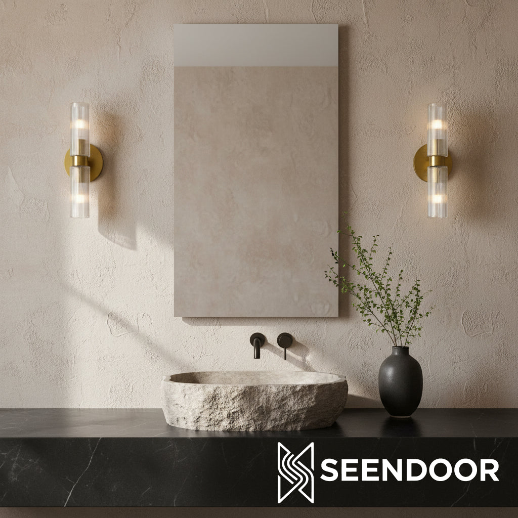 Rivora Ribbed Glass Double Wall Lamp Modern Accent for Hallway & Bathroom