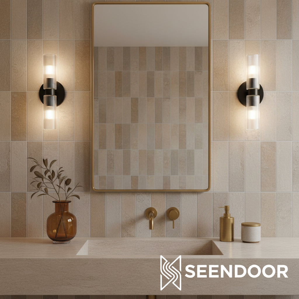 Rivora Ribbed Glass Double Wall Lamp Modern Accent for Hallway & Bathroom