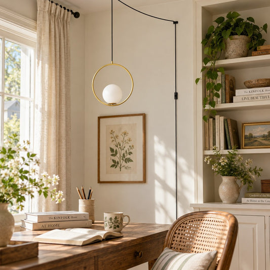 Hanglamp met stekker van parelmoerglas, bolvormig en met messing