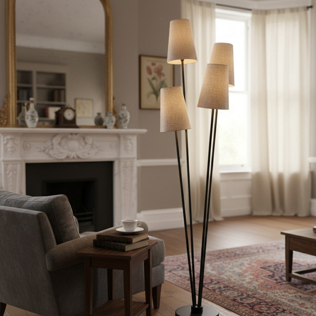 Lámpara de pie Duova de 4 luces – Lámpara de pie con pantalla de tela para rincones de lectura o espacios de estar