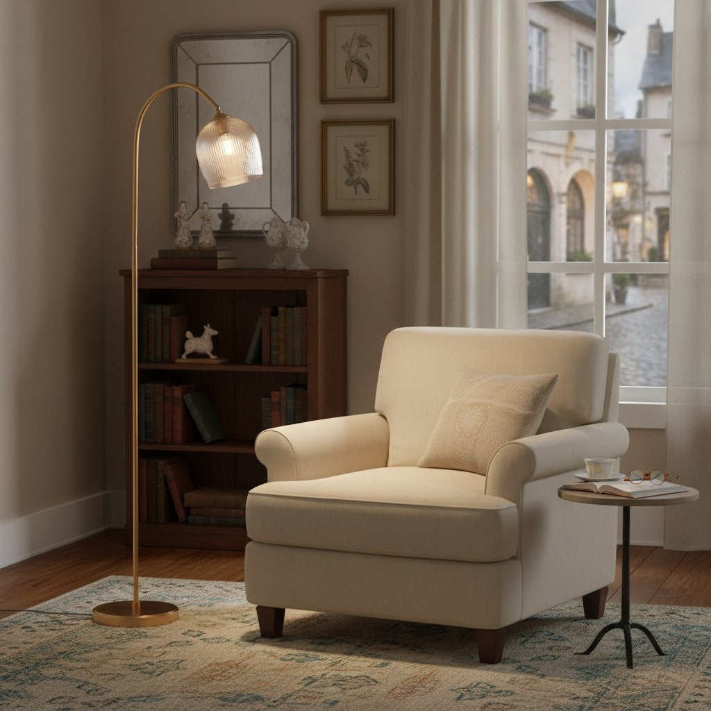 Brazara verstelbare vloerlamp met glazen kap – gebogen metalen steel voor woonruimtes