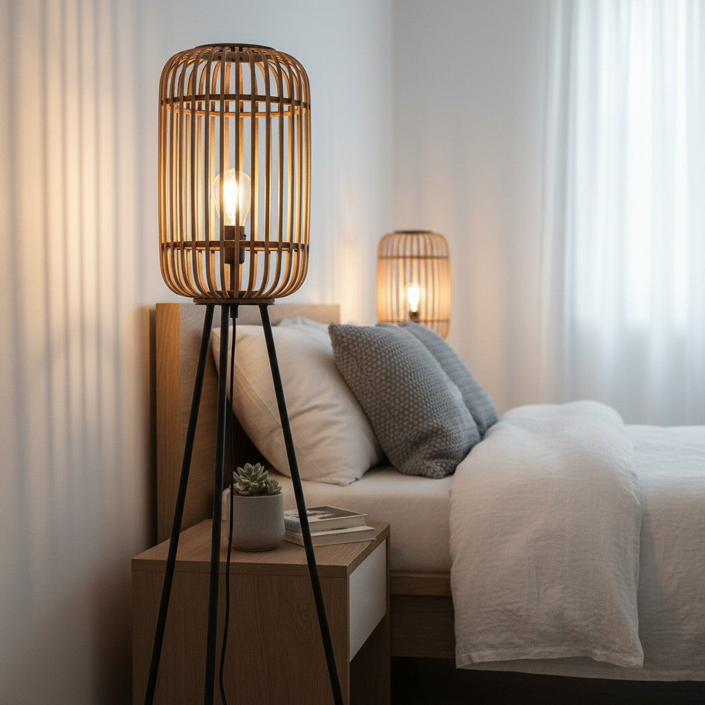 Yumeko Natuurlijke Geweven Vloerlamp – Moderne Scandi Bamboe Lampenkap Staande Lamp voor Slaapkamers of Woonkamers