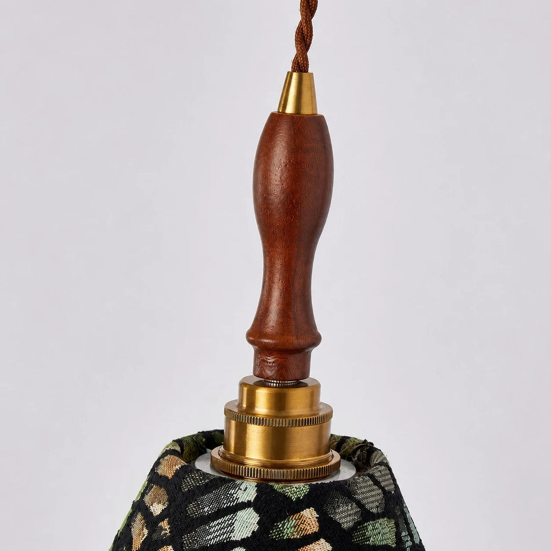 Fabric shade and wood hardware detail