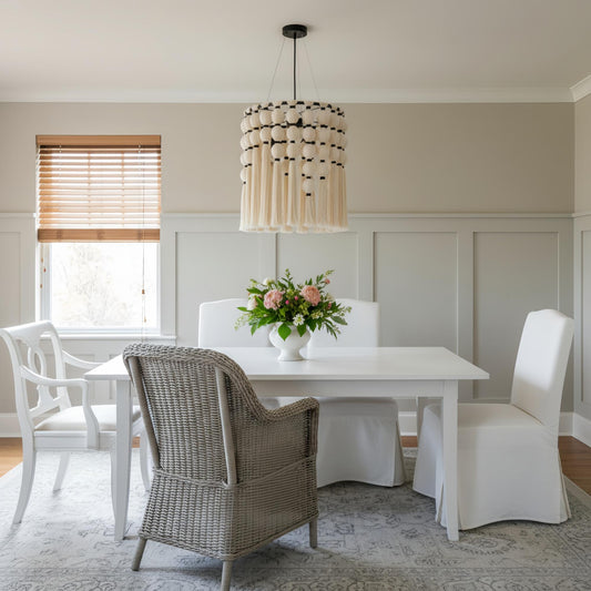 Lámpara de Araña Moderna y Elegante Modulune Hecha a Mano con Flecos de Algodón Blanco para Sala