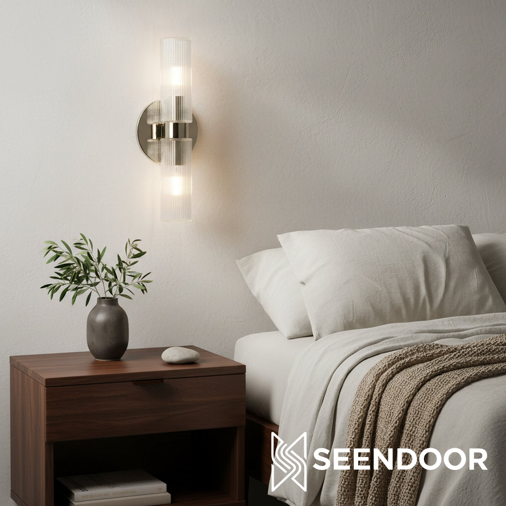 Rivora Ribbed Glass Double Wall Lamp Modern Accent for Hallway & Bathroom