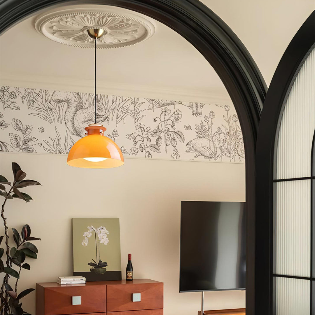 Glebe Glossy Glass Dome Pendant Lamp – Industrial Orange Hanging Light for Kitchen and Dining Room