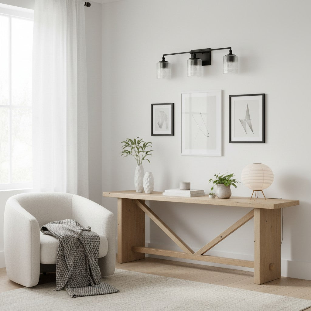 Luz de tocador Lirra de 3 luces regulable de vidrio y metal - Diseño moderno para baño y dormitorio