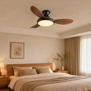 Wood-grain ceiling fan in a bedroom setting