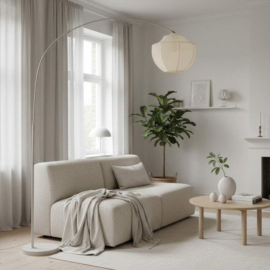 Lampe sur pied Lumifil Arc avec abat-jour en maille textile - Pied en métal pour un éclairage d'ambiance doux dans le salon