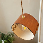 Cargar imagen en el visor de la Galería, Open leather pendant shade with visible bulb and stitched edge