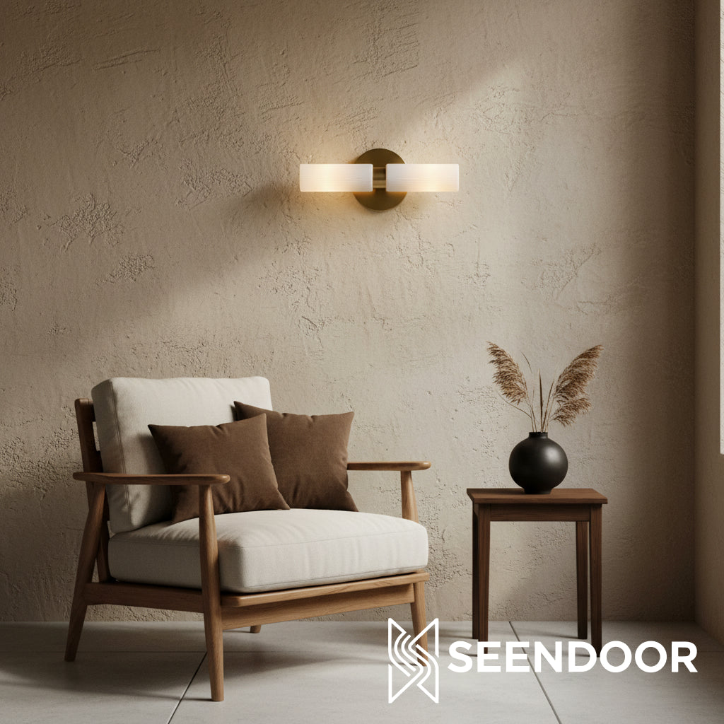 Rivora Ribbed Glass Double Wall Lamp Modern Accent for Hallway & Bathroom