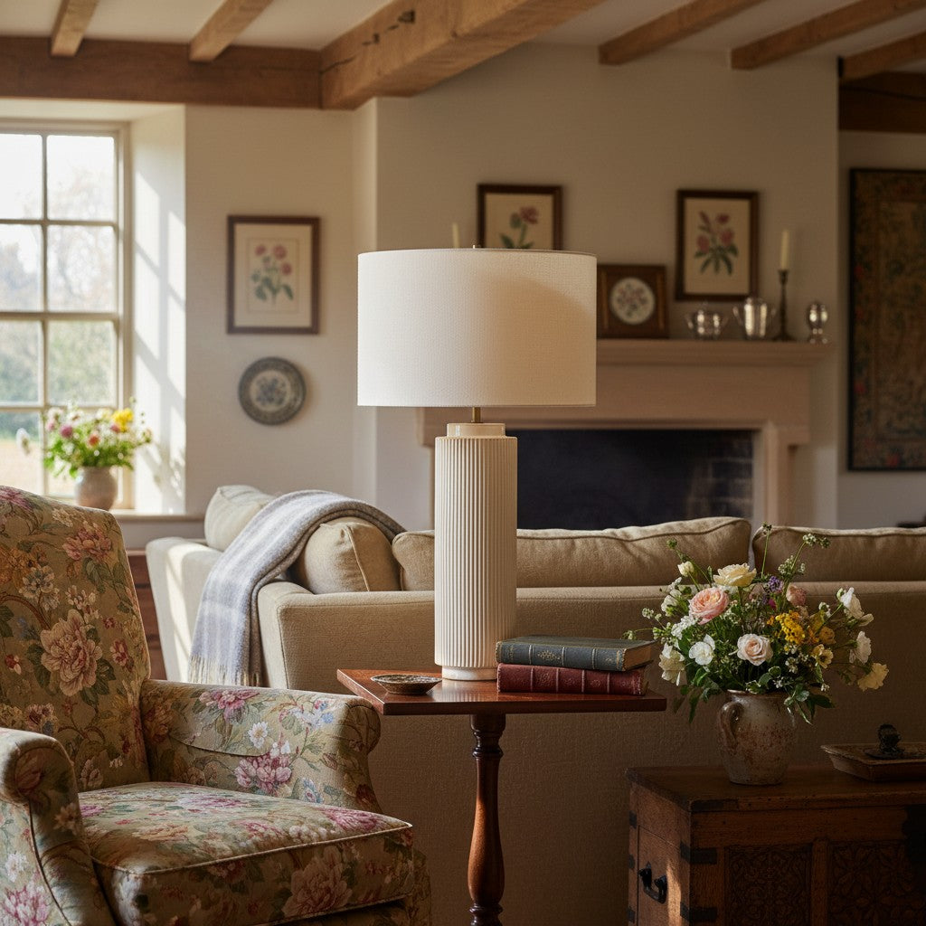 Ceruna minimalistische keramische tafellamp - keramische voet met een linnen lampenkap