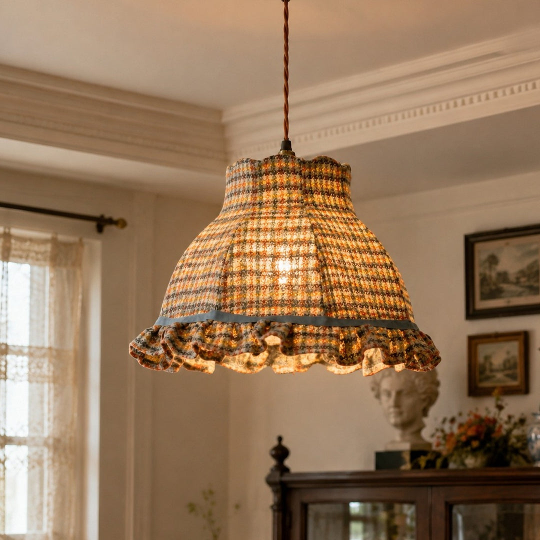 Vintage francuska lampa wisząca z tkaniny tweedowej w kratę