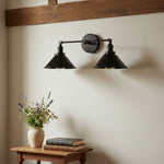 Load image into Gallery viewer, Conique Metal Dual Black Sconce with Cone Shades - Industrial Vanity Wall Light for Mirror
