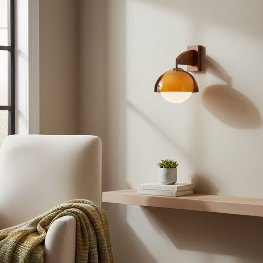 Afterglow Moderne Zonsondergang Wandlamp – Dubbele Glazen Kap Ontwerp met Houtstructuur Voet