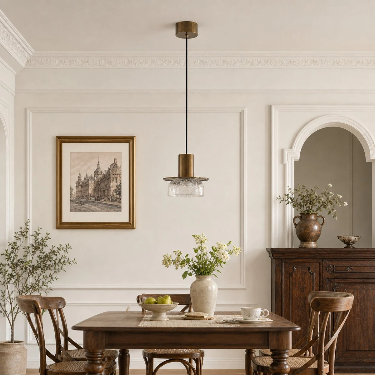 Crackle glass pendant installed above a dining or bar counter