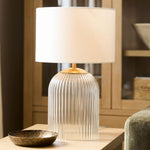 Load image into Gallery viewer, Bravira Ribbed Glass Table Lamp - Modern Lighting with Linen Shade
